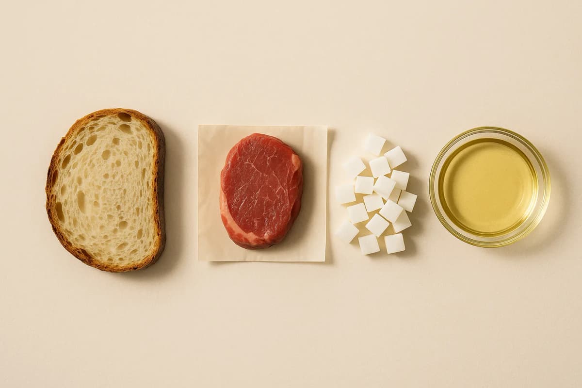 Four foods laid out in a row on warm paper like specimens for examination: a slice of crusty bread, a small raw steak, a heap of sugar cubes, and a shallow glass dish of vegetable oil.
