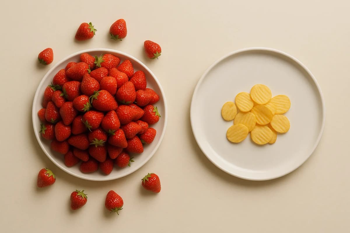 Two white vessels seen from above on warm paper. On the left, a bowl heaped with whole strawberries, so many that a dozen more have spilled onto the paper around it. On the right, a flat plate holding about fifteen potato chips in a small pile in the middle.