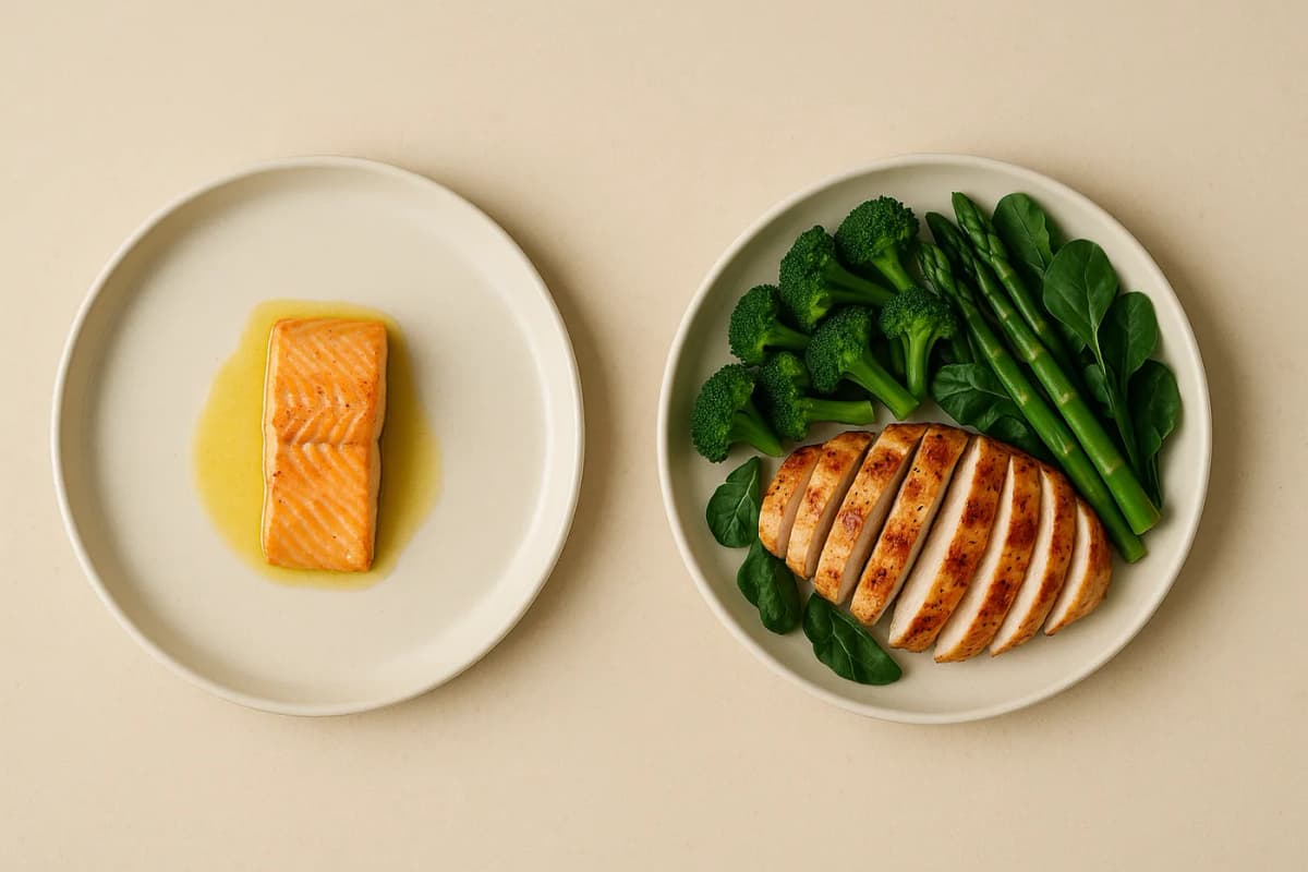 Two plates side by side on warm paper, seen from above: on one, a small salmon fillet sitting in a pool of melted butter; on the other, sliced grilled chicken beside a large heap of broccoli, asparagus and leaves.
