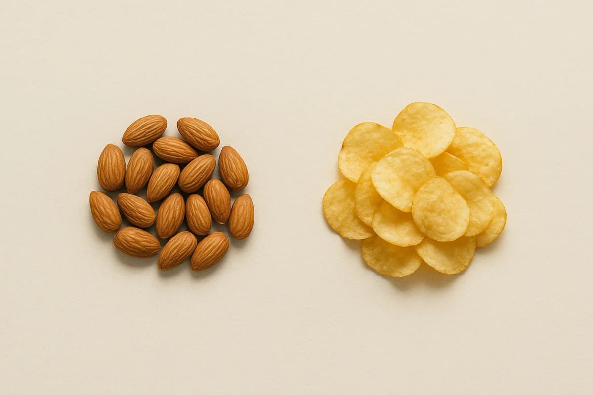 Two small piles of food side by side on warm paper, seen from above and taking up almost exactly the same space: a handful of whole almonds on the left, a heap of thin potato chips on the right.