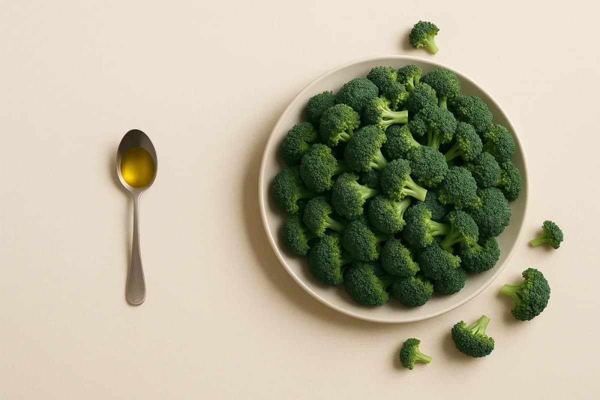 Seen from above on warm paper: a single metal tablespoon holding a small pool of golden olive oil on the left, and on the right a large white plate heaped high with broccoli florets, several of which have tumbled onto the paper.