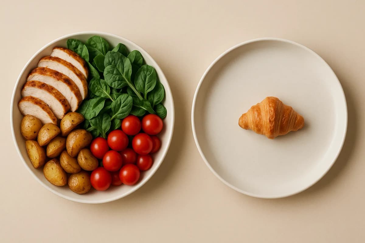 Two plates side by side on warm paper: one heaped with grilled chicken, roasted potatoes and greens, the other holding a single small croissant.
