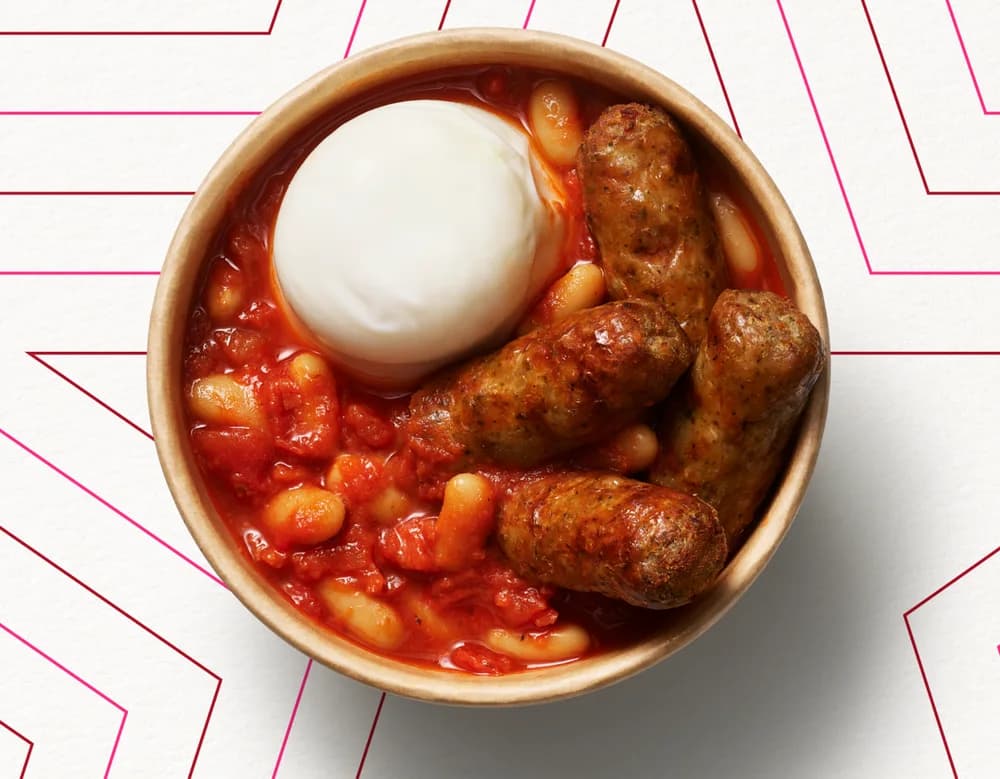 British Sausages, Pret's Baked Beans & Egg Pot