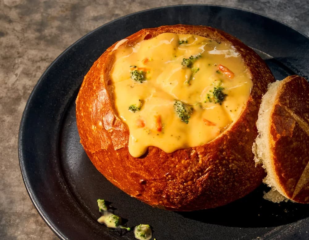 Broccoli Cheddar Soup - Bread Bowl 1 Bread bowl with soup