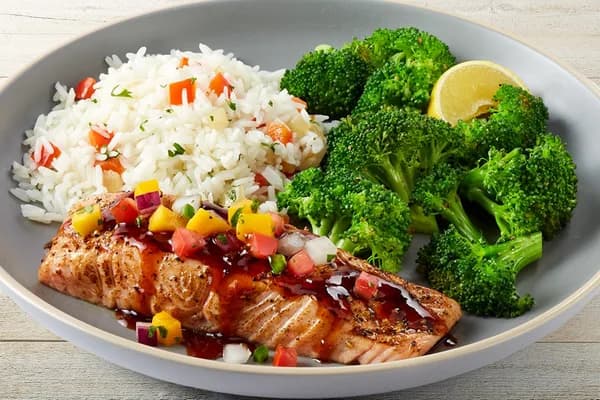 Dragon-Glazed Salmon with Mashed Potatoes & Garlic-Butter Broccoli